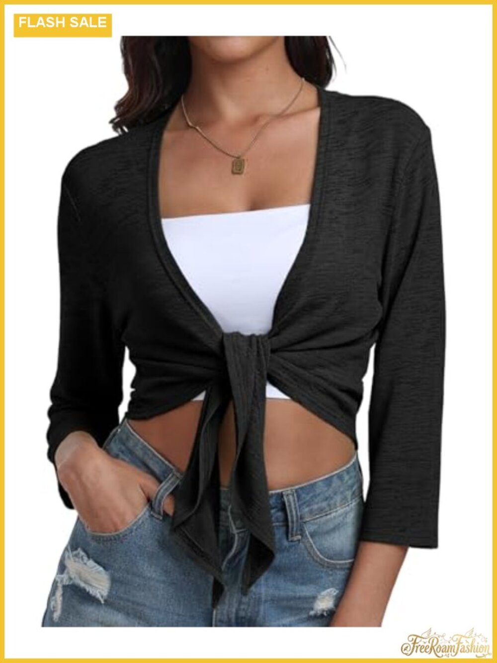 Women's Tie Front Shrug 3/4 Sleeve Bolero Cardigan Lightweight Summer